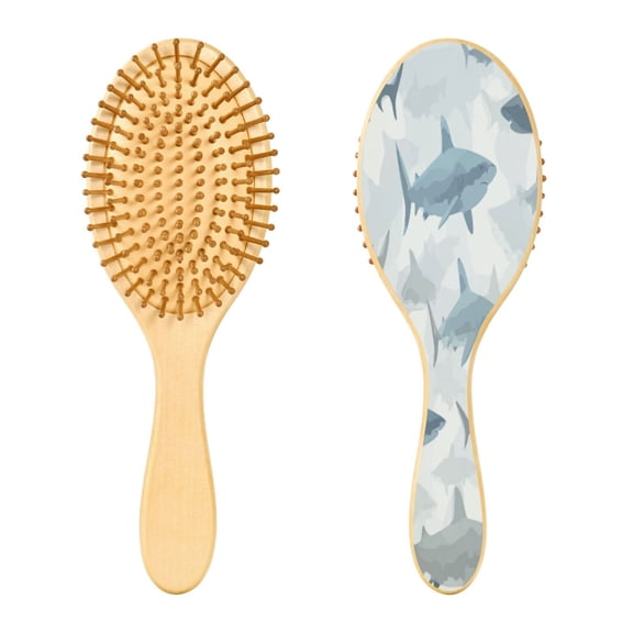 Wood Paddle Brush with Cushion & Round Hair Brush Blue and Gray Sharks Pattern Detangling Brush for All Hair Types