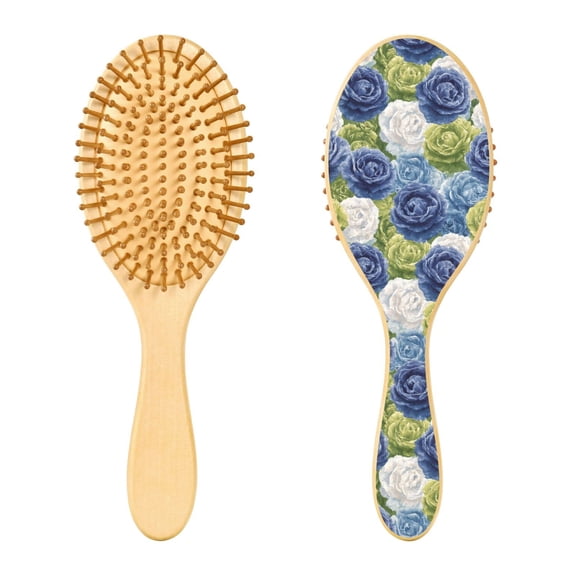 Wood Paddle Brush with Cushion & Round Hair Brush Blue and Green Roses Pattern Detangling Brush for All Hair Types