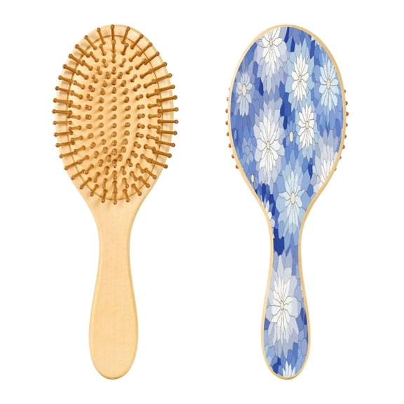 Wood Paddle Brush with Cushion & Round Hair Brush Blue and White Snowflake Detangling Brush for All Hair Types