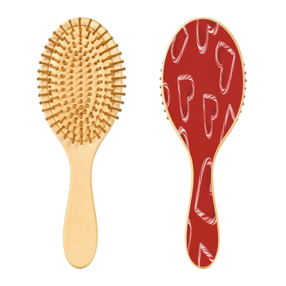 Wood Paddle Brush with Cushion & Round Hair Brush Candy Cane-shaped Hearts Pattern Detangling Brush for All Hair Types