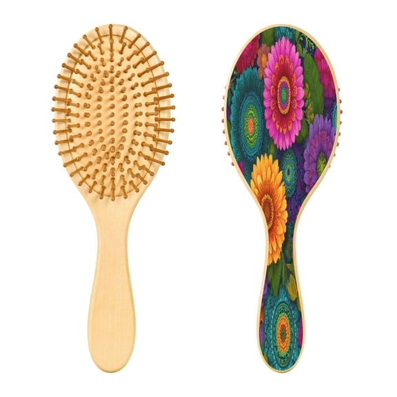 Wood Paddle Brush with Cushion & Round Hair Brush Colorful Blooming Flowers Detangling Brush for All Hair Types