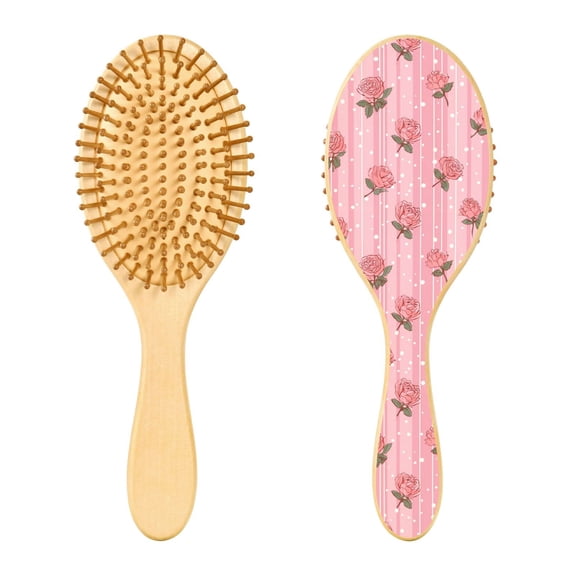 Wood Paddle Brush with Cushion & Round Hair Brush Cute Rose Pattern Detangling Brush for All Hair Types