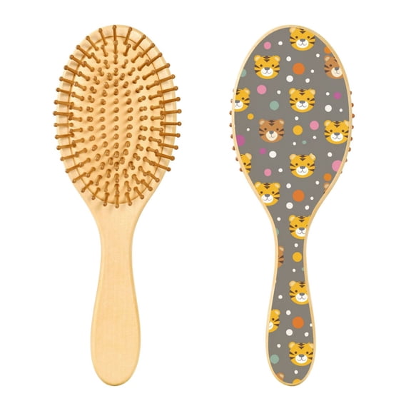 Wood Paddle Brush with Cushion & Round Hair Brush Cute Tiger Face Pattern Detangling Brush for All Hair Types