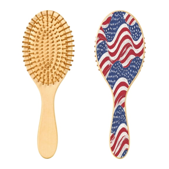 Wood Paddle Brush with Cushion & Round Hair Brush Flags Wave Pattern Detangling Brush for All Hair Types