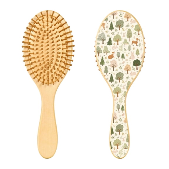 Wood Paddle Brush with Cushion & Round Hair Brush Forest Animals and Trees Detangling Brush for All Hair Types