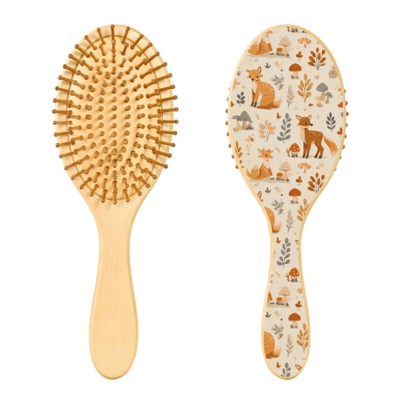 Wood Paddle Brush with Cushion & Round Hair Brush Fox with Mushrooms and Leaves Detangling Brush for All Hair Types