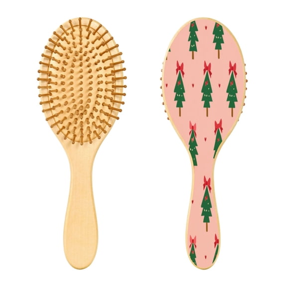 Wood Paddle Brush with Cushion & Round Hair Brush Green Trees and Red Bows Detangling Brush for All Hair Types