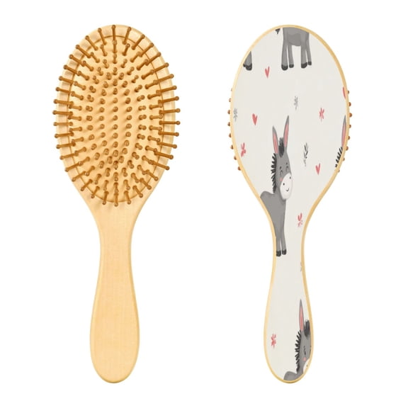 Wood Paddle Brush with Cushion & Round Hair Brush Grey Cute Donkeys Pattern Detangling Brush for All Hair Types