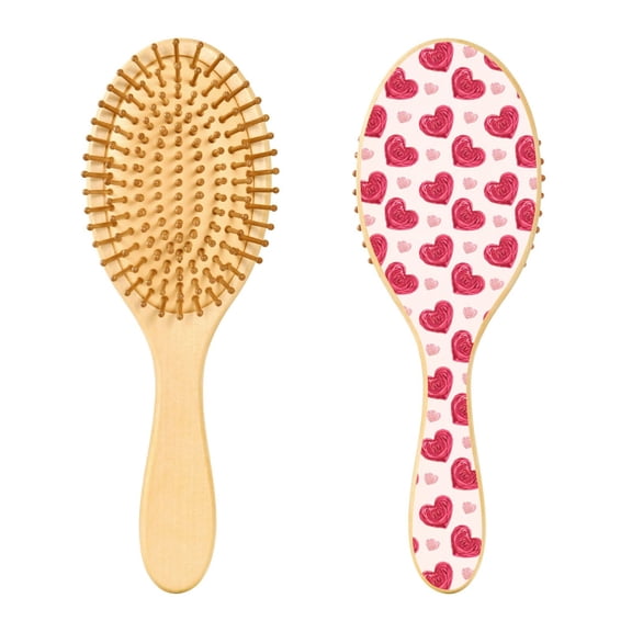 Wood Paddle Brush with Cushion & Round Hair Brush Heart-shaped Rose Pattern Detangling Brush for All Hair Types