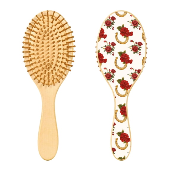 Wood Paddle Brush with Cushion & Round Hair Brush Horseshoe Pattern with Red Roses Detangling Brush for All Hair Types