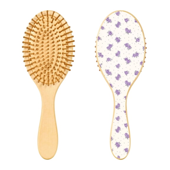 Wood Paddle Brush with Cushion & Round Hair Brush Lavender Roses Pattern Detangling Brush for All Hair Types
