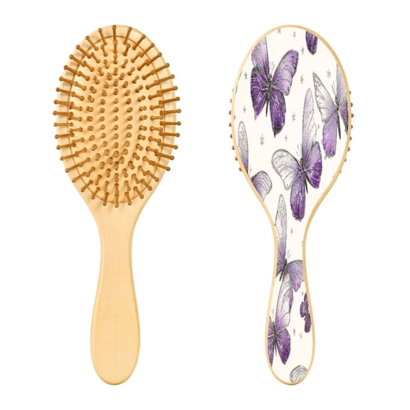 Wood Paddle Brush with Cushion & Round Hair Brush Lavender-colored Butterfly Pattern Detangling Brush for All Hair Types