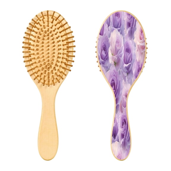 Wood Paddle Brush with Cushion & Round Hair Brush Light Purple Roses Pattern Detangling Brush for All Hair Types