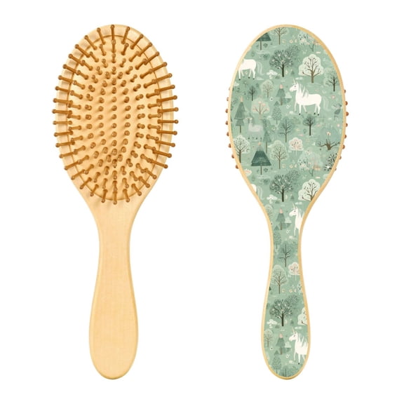 Wood Paddle Brush with Cushion & Round Hair Brush Mint Green Unicorns and Trees Detangling Brush for All Hair Types