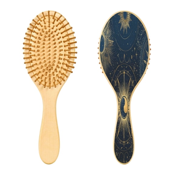 Wood Paddle Brush with Cushion & Round Hair Brush Mysterious Celestial Pattern Detangling Brush for All Hair Types