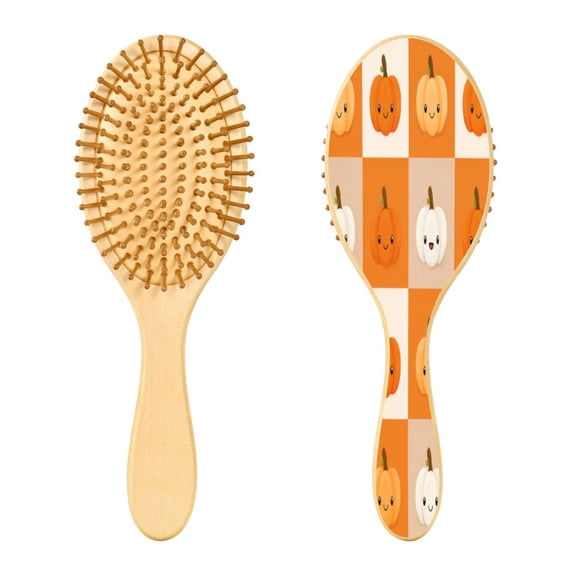 Wood Paddle Brush with Cushion & Round Hair Brush Orange and White Squares Detangling Brush for All Hair Types