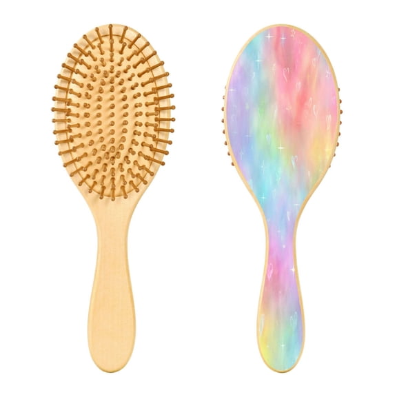 Wood Paddle Brush with Cushion & Round Hair Brush Pastel Rainbow Tie-dye Detangling Brush for All Hair Types
