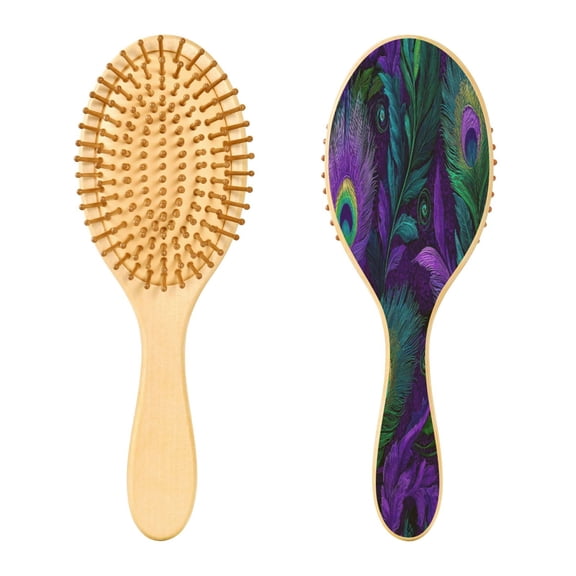 Wood Paddle Brush with Cushion & Round Hair Brush Peacock Feathers Pattern Detangling Brush for All Hair Types