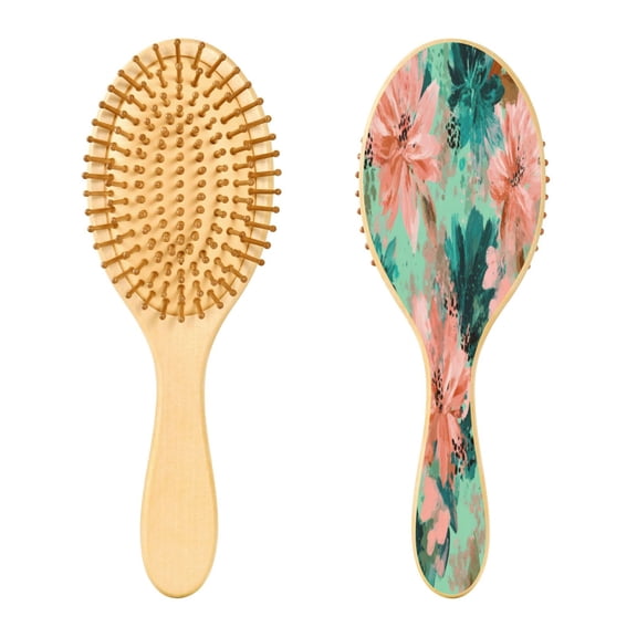 Wood Paddle Brush with Cushion & Round Hair Brush Pink Abstract Floral Patterns Detangling Brush for All Hair Types