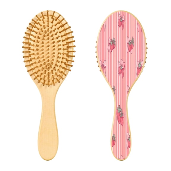 Wood Paddle Brush with Cushion & Round Hair Brush Pink Bows and Strawberries Detangling Brush for All Hair Types