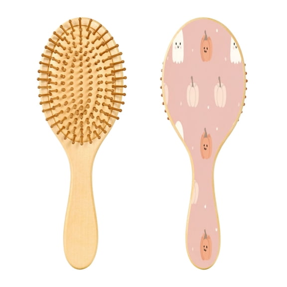 Wood Paddle Brush with Cushion & Round Hair Brush Pink Cartoon Ghosts and Pumpkins Detangling Brush for All Hair Types