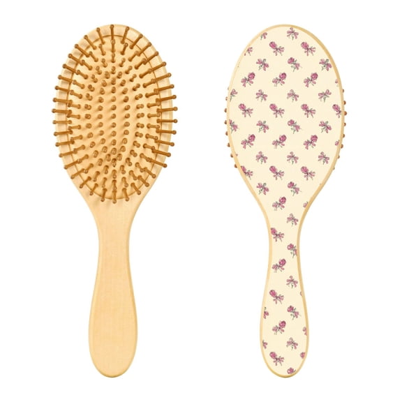 Wood Paddle Brush with Cushion & Round Hair Brush Pink Roses and Bows Pattern Detangling Brush for All Hair Types