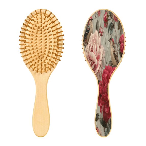 Wood Paddle Brush with Cushion & Round Hair Brush Pink and Red Peonies Detangling Brush for All Hair Types