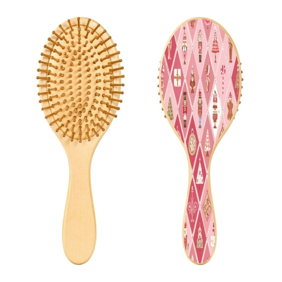 Wood Paddle Brush with Cushion & Round Hair Brush Pink and White Christmas Motifs Detangling Brush for All Hair Types