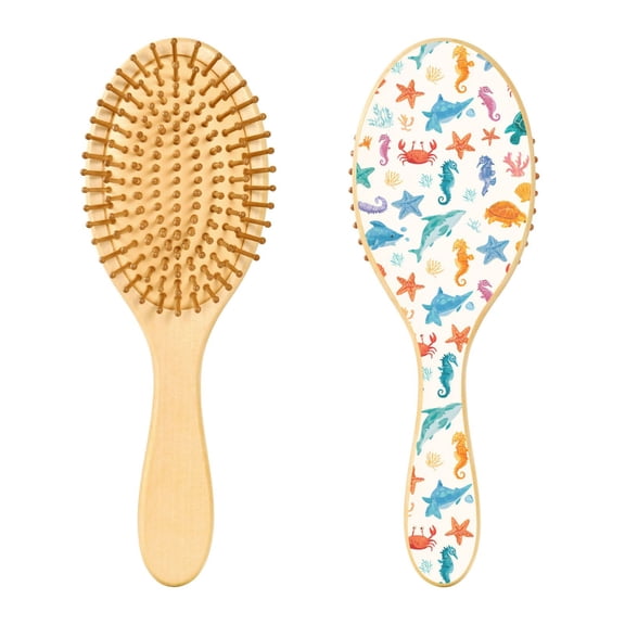 Wood Paddle Brush with Cushion & Round Hair Brush Playful Sea Animals Pattern Detangling Brush for All Hair Types