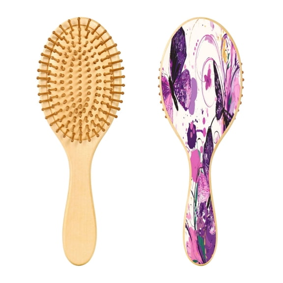 Wood Paddle Brush with Cushion & Round Hair Brush Purple Butterfly Detangling Brush for All Hair Types