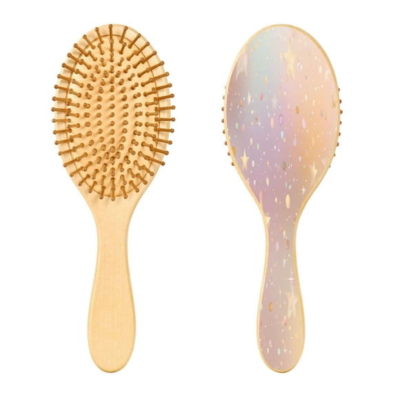Wood Paddle Brush with Cushion & Round Hair Brush Rainbow-colored Stars and Dots Detangling Brush for All Hair Types