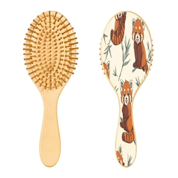 Wood Paddle Brush with Cushion & Round Hair Brush Red Panda Pattern Detangling Brush for All Hair Types