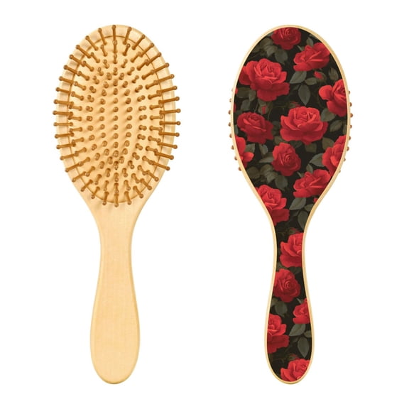 Wood Paddle Brush with Cushion & Round Hair Brush Red Roses Pattern Detangling Brush for All Hair Types