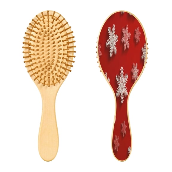 Wood Paddle Brush with Cushion & Round Hair Brush Red and White Snowflakes Detangling Brush for All Hair Types