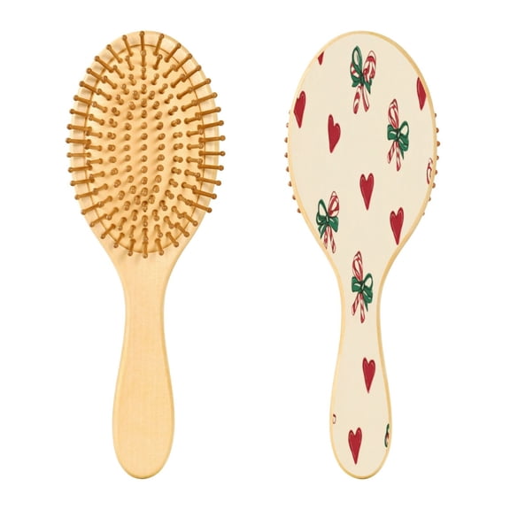 Wood Paddle Brush with Cushion & Round Hair Brush Ribbons and Hearts Pattern Detangling Brush for All Hair Types