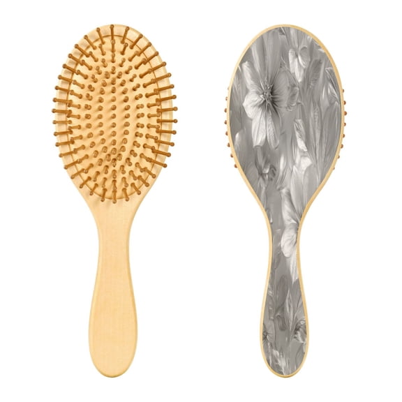 Wood Paddle Brush with Cushion & Round Hair Brush Silver Metal Flower Pattern Detangling Brush for All Hair Types