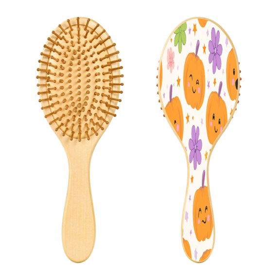 Wood Paddle Brush with Cushion & Round Hair Brush Smiling Pumpkins and Flowers Detangling Brush for All Hair Types