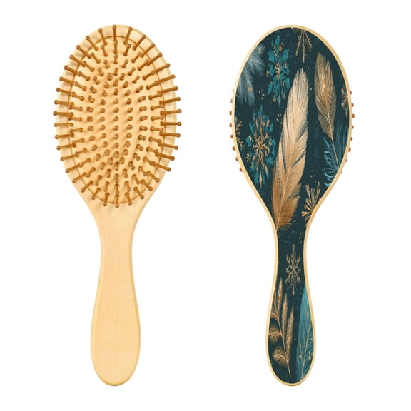 Wood Paddle Brush with Cushion & Round Hair Brush Snowflake and Feather Pattern Detangling Brush for All Hair Types