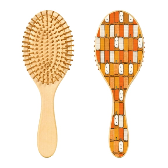 Wood Paddle Brush with Cushion & Round Hair Brush Squares with Smiling Pumpkins Detangling Brush for All Hair Types
