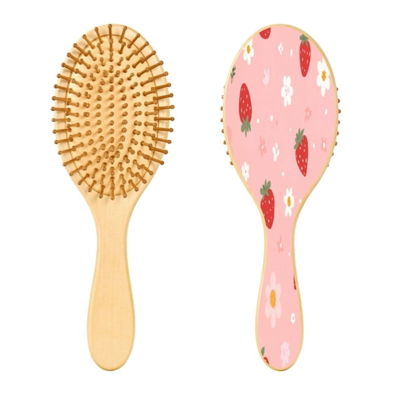 Wood Paddle Brush with Cushion & Round Hair Brush Strawberry and Flowers Detangling Brush for All Hair Types