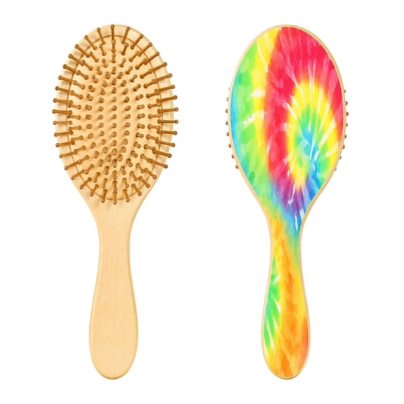 Wood Paddle Brush with Cushion & Round Hair Brush Tie-dyed Colorful Spiral Pattern Detangling Brush for All Hair Types