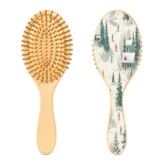 Wood Paddle Brush with Cushion & Round Hair Brush Vintage Christmas Winter Scene Detangling Brush for All Hair Types