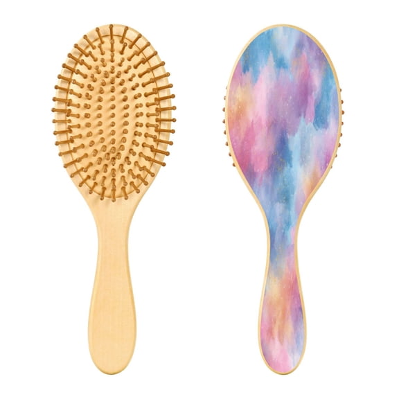 Wood Paddle Brush with Cushion & Round Hair Brush Watercolor Powder Blue Pattern Detangling Brush for All Hair Types