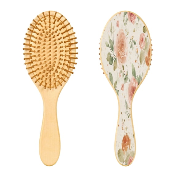 Wood Paddle Brush with Cushion & Round Hair Brush Watercolor Rose Floral Pattern Detangling Brush for All Hair Types
