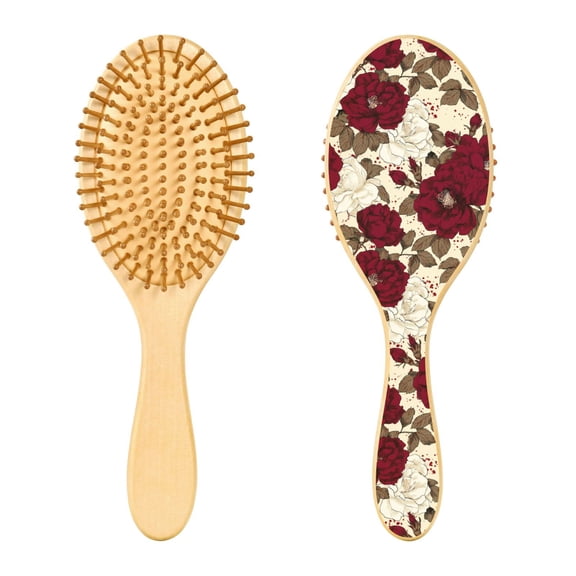 Wood Paddle Brush with Cushion & Round Hair Brush White and Crimson Roses Pattern Detangling Brush for All Hair Types