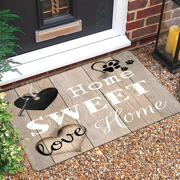 Wood Panel Love Pattern Door Mat, Non-Slip Soft Polyester, Quick-Dry Indoor Outdoor Carpet for Entrance Kitchen Laundry Bathroom
