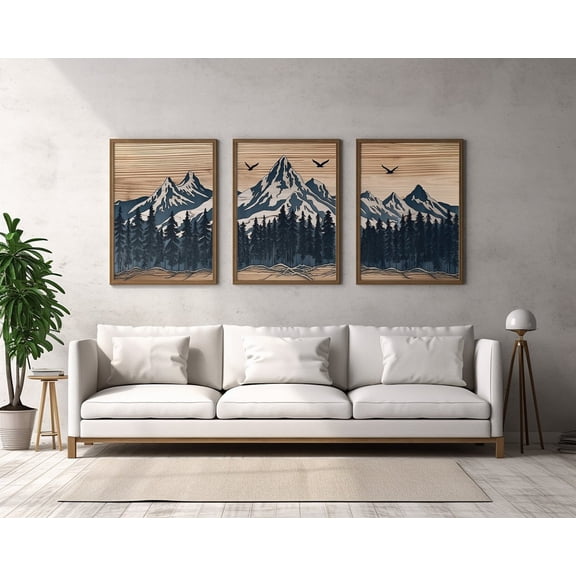 Wood Panel Mountain Forest Wall Art Set 3 Unframed Paper Print 20x30