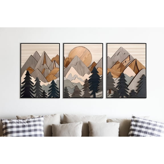 Wood Panel Mountain Forest Wall Art Set 3 Unframed Paper Print 20x30