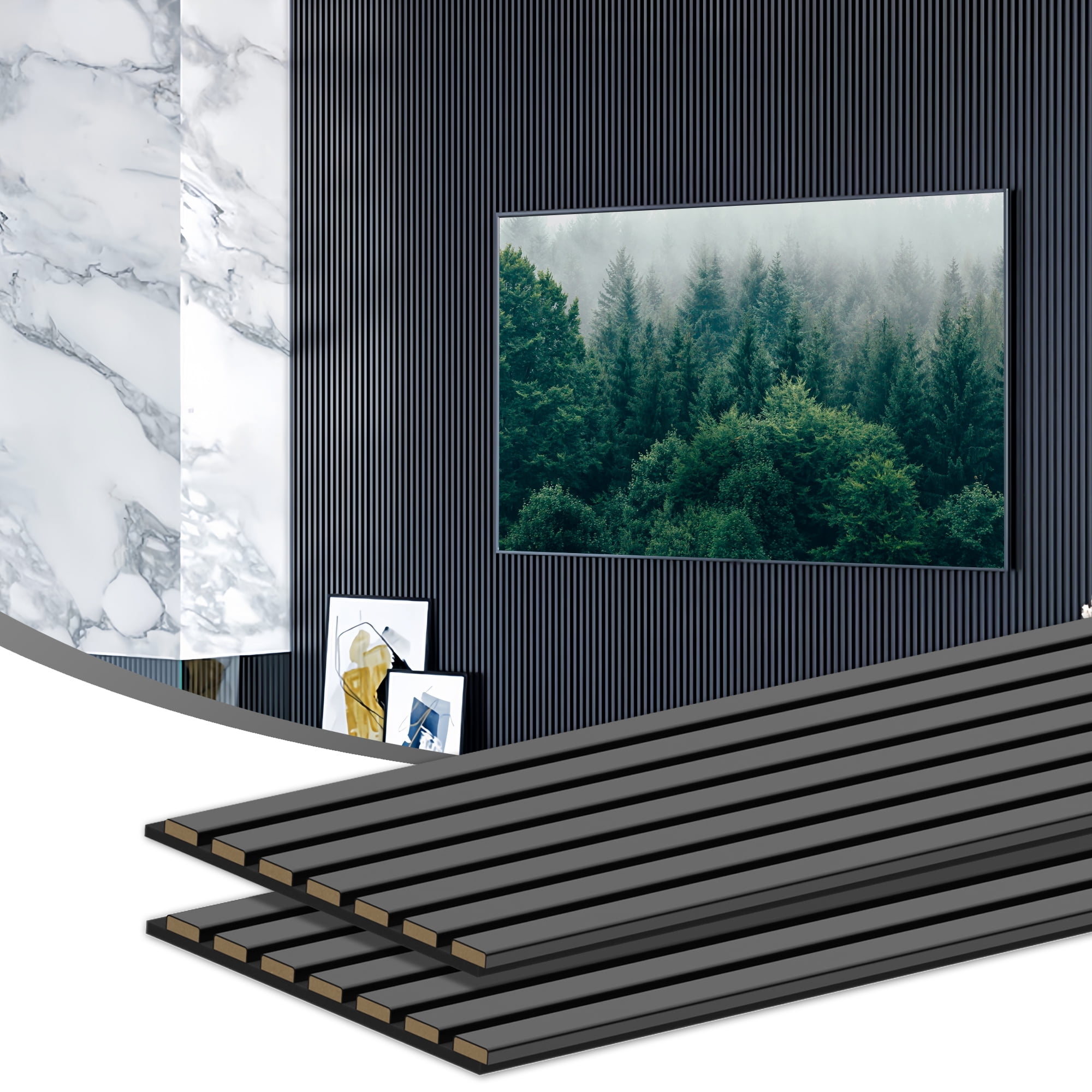 INTIGE Matte Black Oak 94.5" x 11" x 0.8" Wood Decorative Wall Panels, 2 Pieces Pack