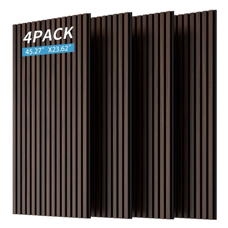 Wood Panels for Wall Slat Wall Panels, 4PC Wood Slat Acoustic Panels for Wall and Ceiling - 3D Fluted Sound Absorbing Panel with Three Sides Fully Wrapped on Wood Finish -45.27''X23.62''(Dark walnu